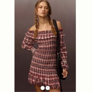 Anthropologie Smocked Plaid Off Shoulder Dress